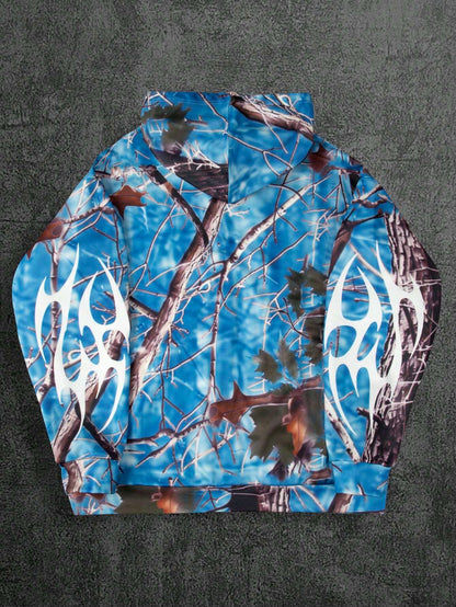 Blue Camo Graphic Print Zip Up Polyester Hoodie