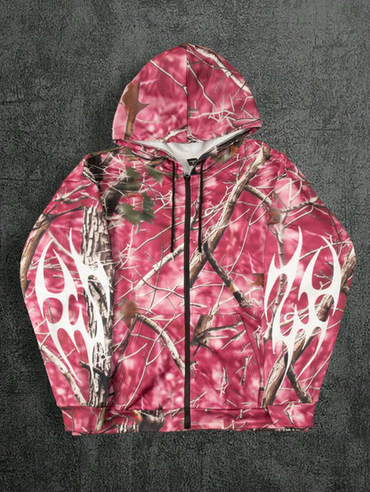 Blue Camo Graphic Print Zip Up Polyester Hoodie