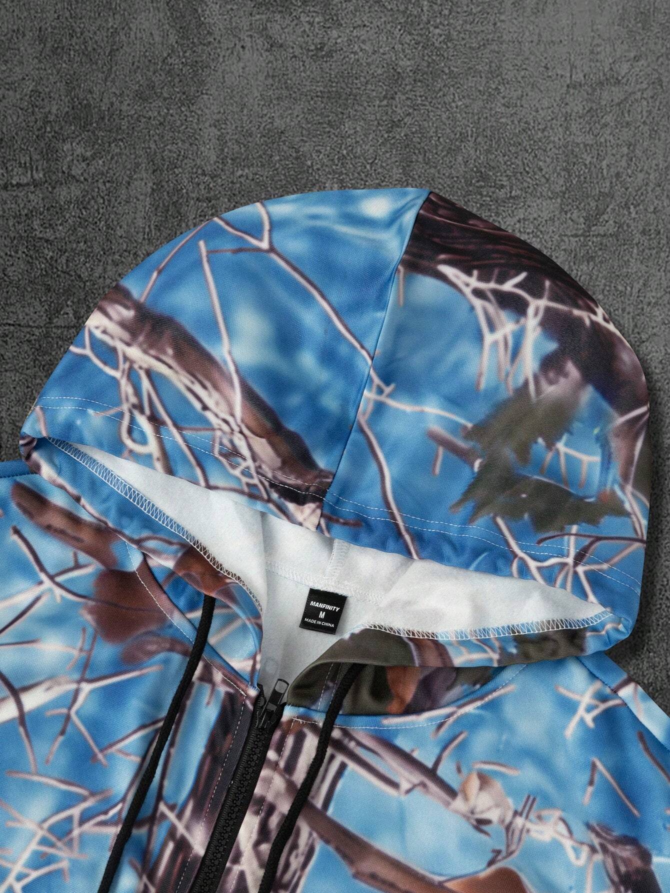 Blue Camo Graphic Print Zip Up Polyester Hoodie