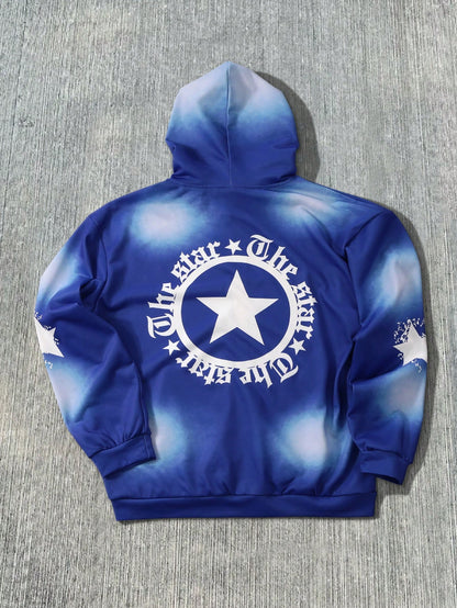 Blue Gradient Zip Up Graphic Hoodie