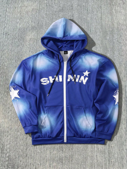 Blue Gradient Zip Up Graphic Hoodie
