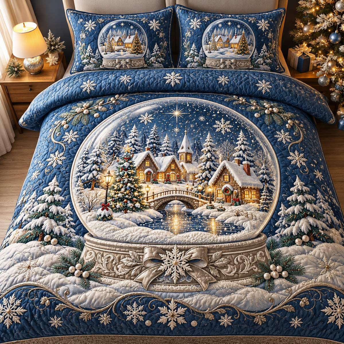 Blue Snow Globe Christmas Bedding Set Winter Village Quilt Cover
