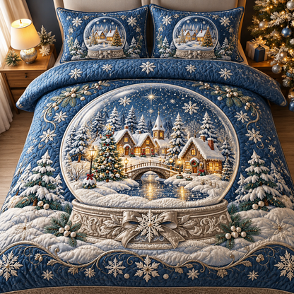 Blue Snow Globe Christmas Bedding Set Winter Village Quilt Cover