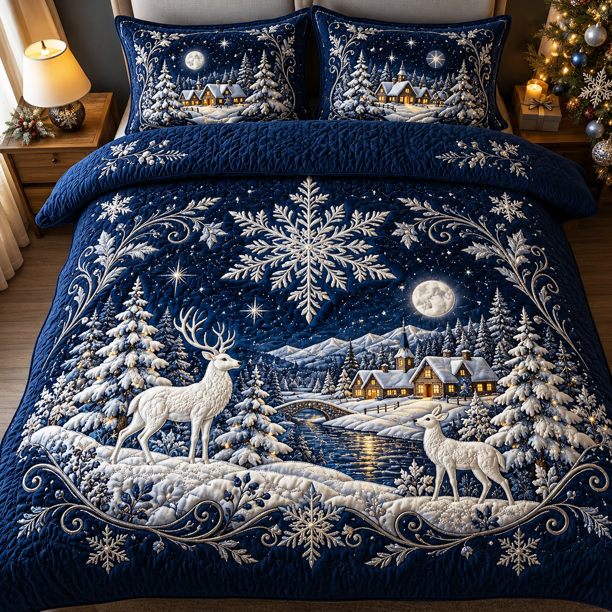 Blue Winter Reindeer Christmas Bedding Set