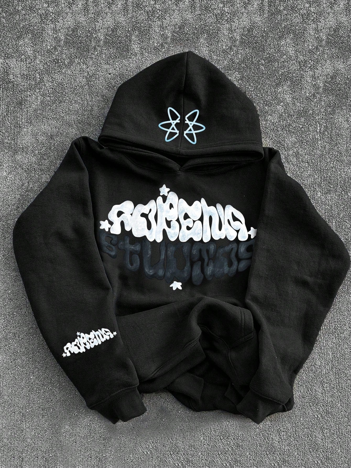 Blue Y2K Graffiti Print Pullover Hoodie