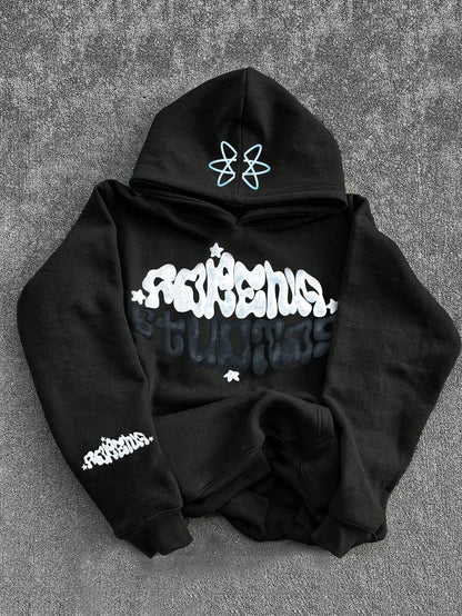 Blue Y2K Graffiti Print Pullover Hoodie