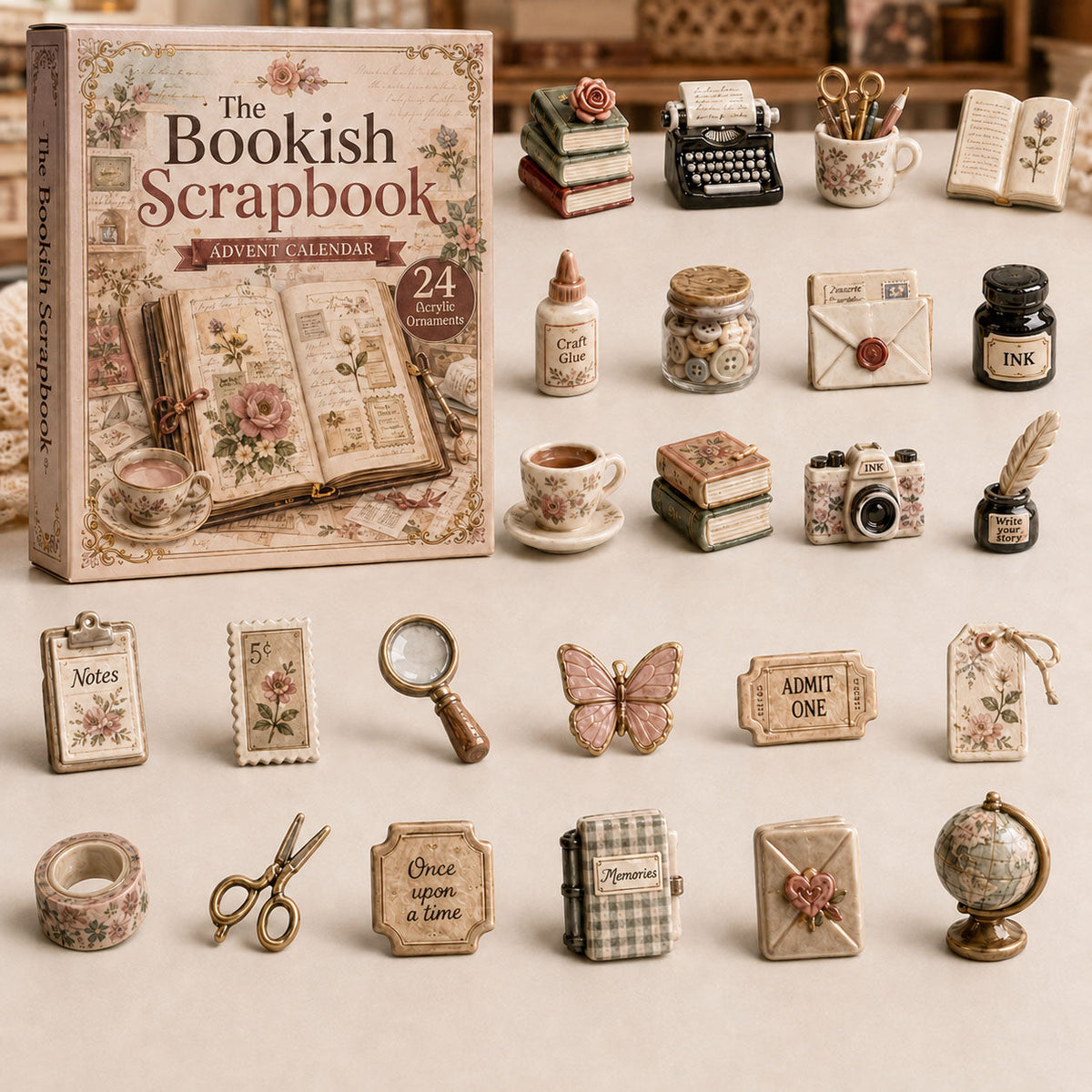 CHRISTMAS KICKOFF 40% OFF - Bookish Scrapbook Advent Calendar 2026 - 24-Day Festive Countdown, Acrylic Charms Blind Box - Gift For Scrapbook Lovers