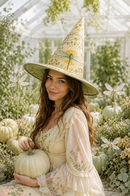 Botanical Dragonfly & Sunburst Floral Halloween Quilt Witch Hat