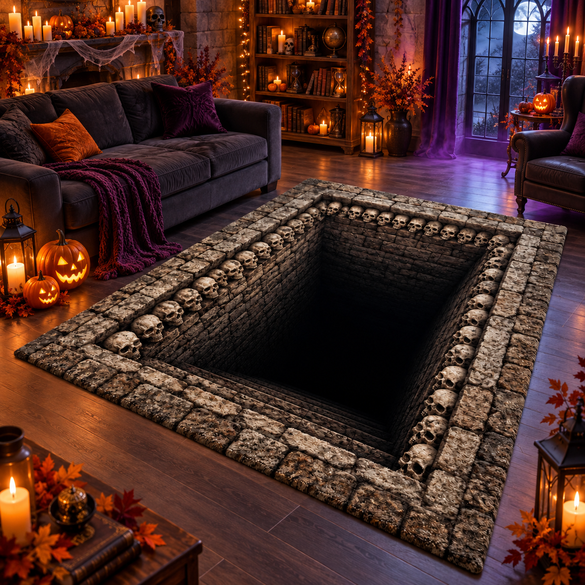Bottomless Skull Pit Optical Illusion Halloween Area Rug