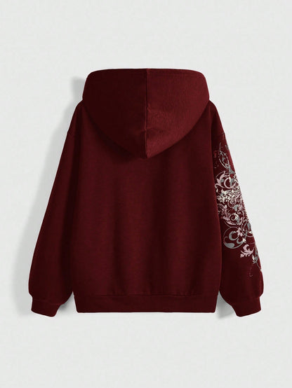 Burgundy Gothic Cross Graphic Fleece Zip Hoodie