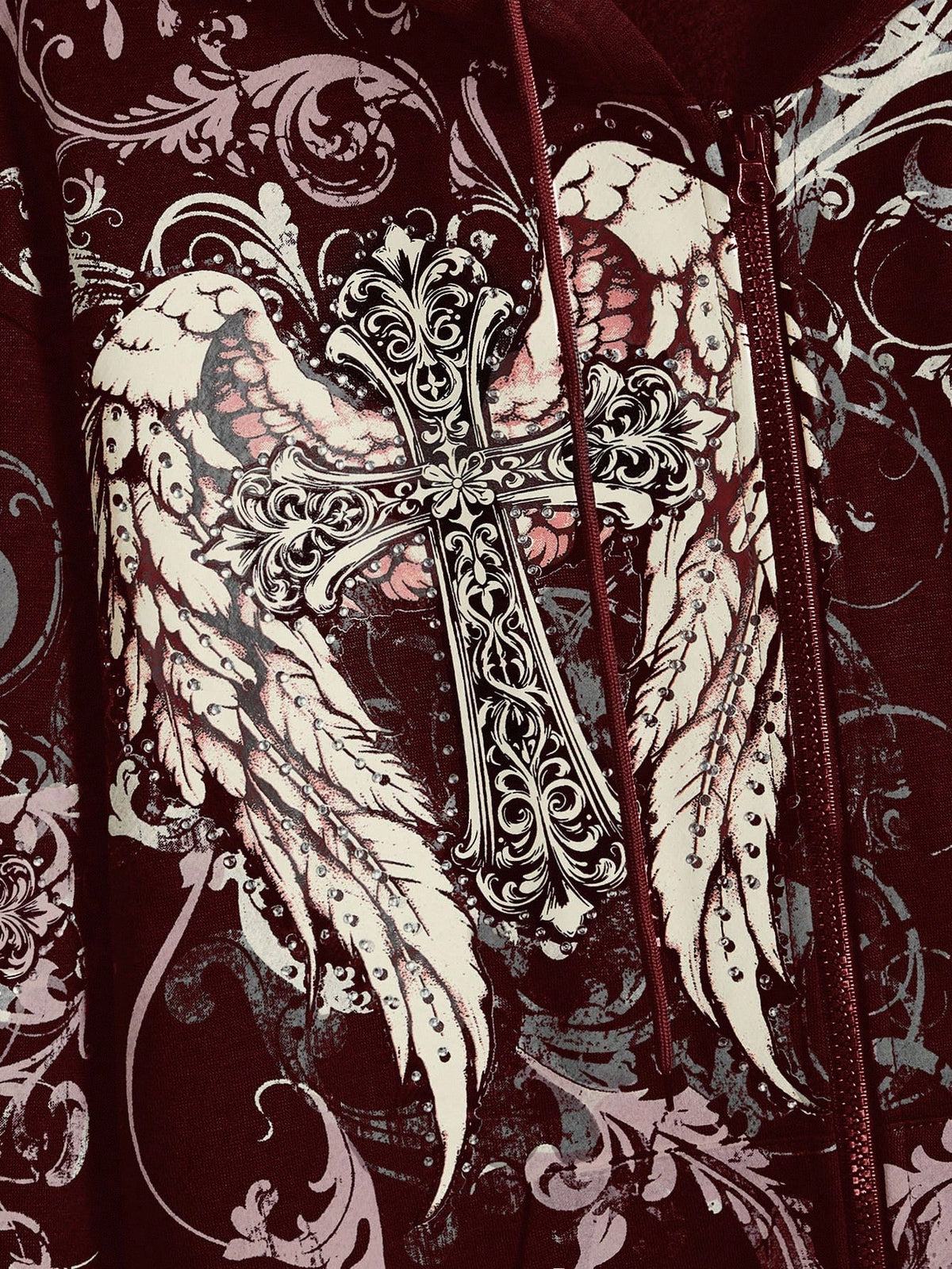 Burgundy Gothic Cross Graphic Fleece Zip Hoodie