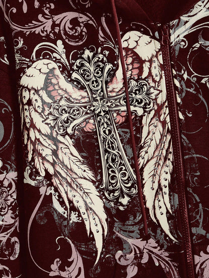 Burgundy Gothic Cross Graphic Fleece Zip Hoodie