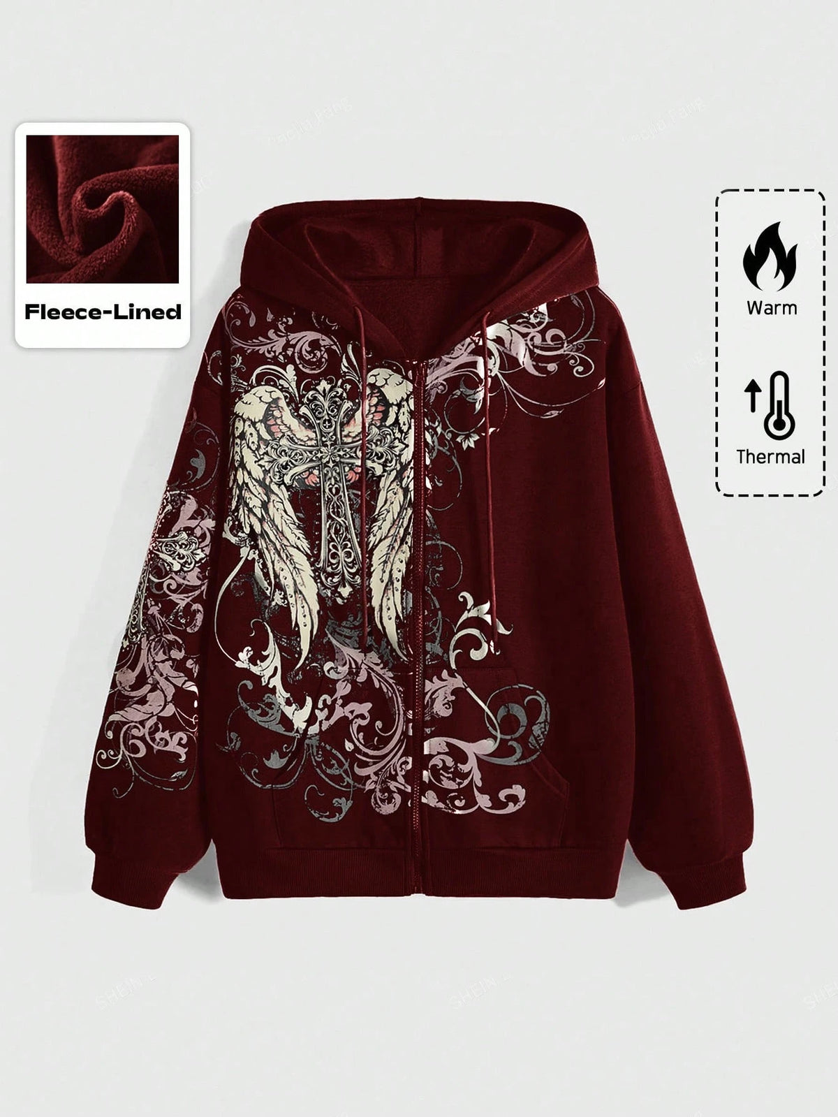 Burgundy Gothic Cross Graphic Fleece Zip Hoodie