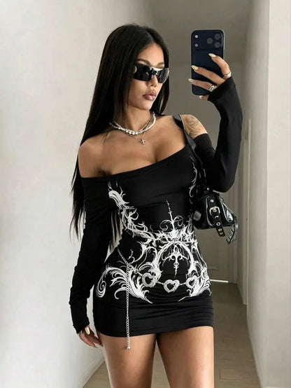 Burgundy Off-Shoulder Vintage Floral Bodycon Dress