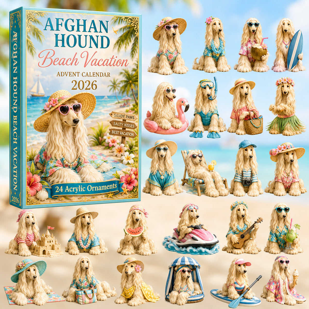 CHRISTMAS KICKOFF 40% OFF - Afghan Hound Beach Vacation Advent Calendar 2026 - 24-Day Festive Countdown, Acrylic Charms Blind Box - Gift For Afghan Hound Lovers AC0HT402