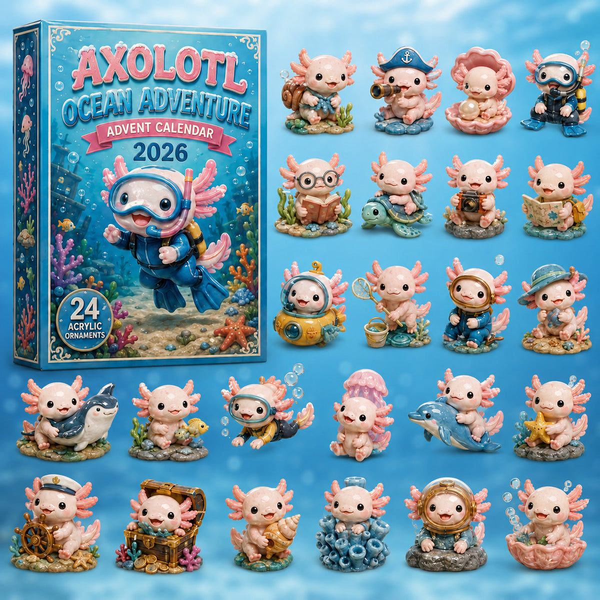 CHRISTMAS KICKOFF 40% OFF - Axolotl Ocean Adventure Advent Calendar 2026 - 24-Day Festive Countdown, Acrylic Charms Blind Box - Gift For Axolotl Lovers AC0HT493
