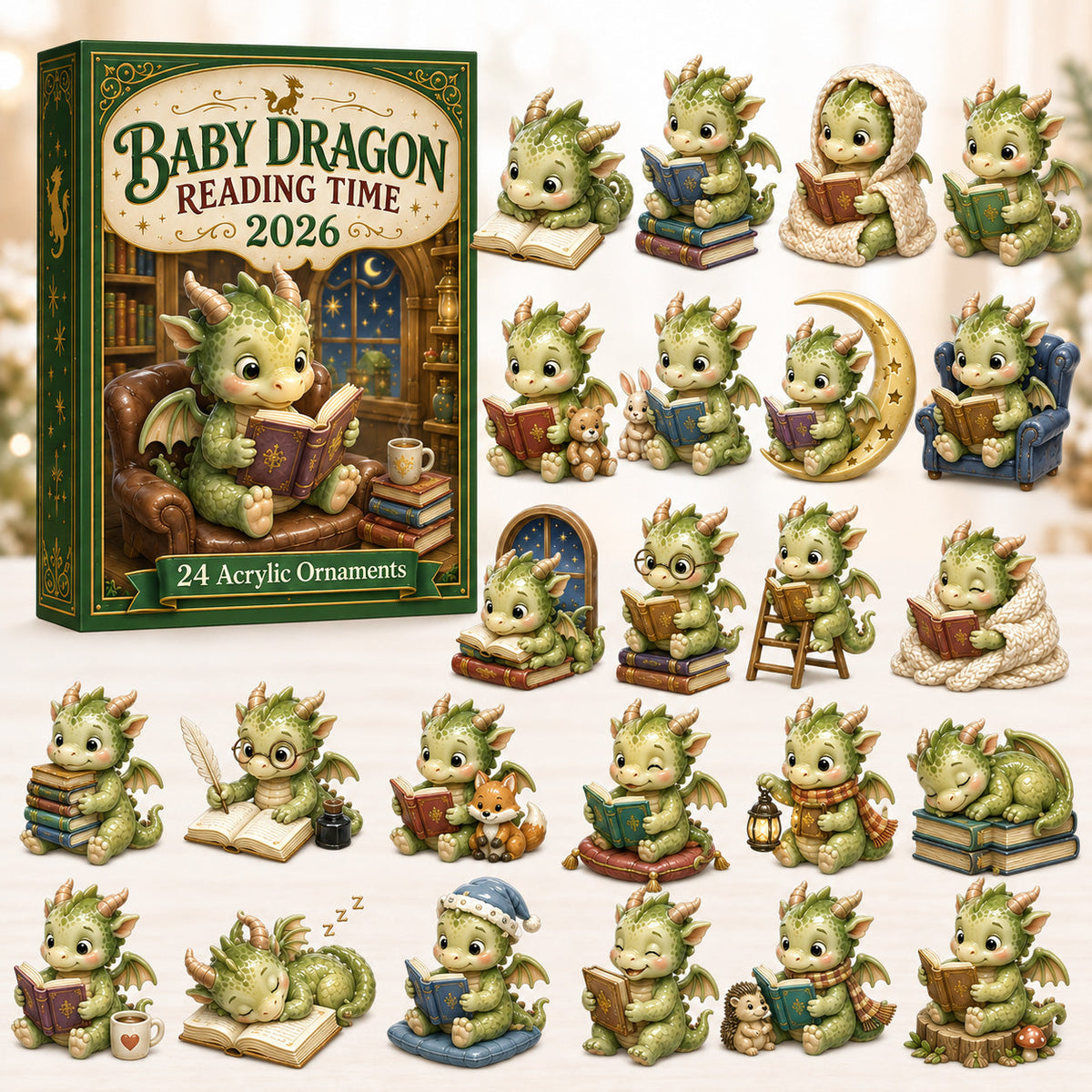 CHRISTMAS KICKOFF 40% OFF - Baby Dragon Reading Time Advent Calendar 2026 - 24-Day Festive Countdown, Acrylic Charms Blind Box - Gift For Dragon Lovers AC0HT423