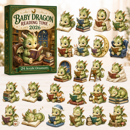 CHRISTMAS KICKOFF 40% OFF - Baby Dragon Reading Time Advent Calendar 2026 - 24-Day Festive Countdown, Acrylic Charms Blind Box - Gift For Dragon Lovers AC0HT423