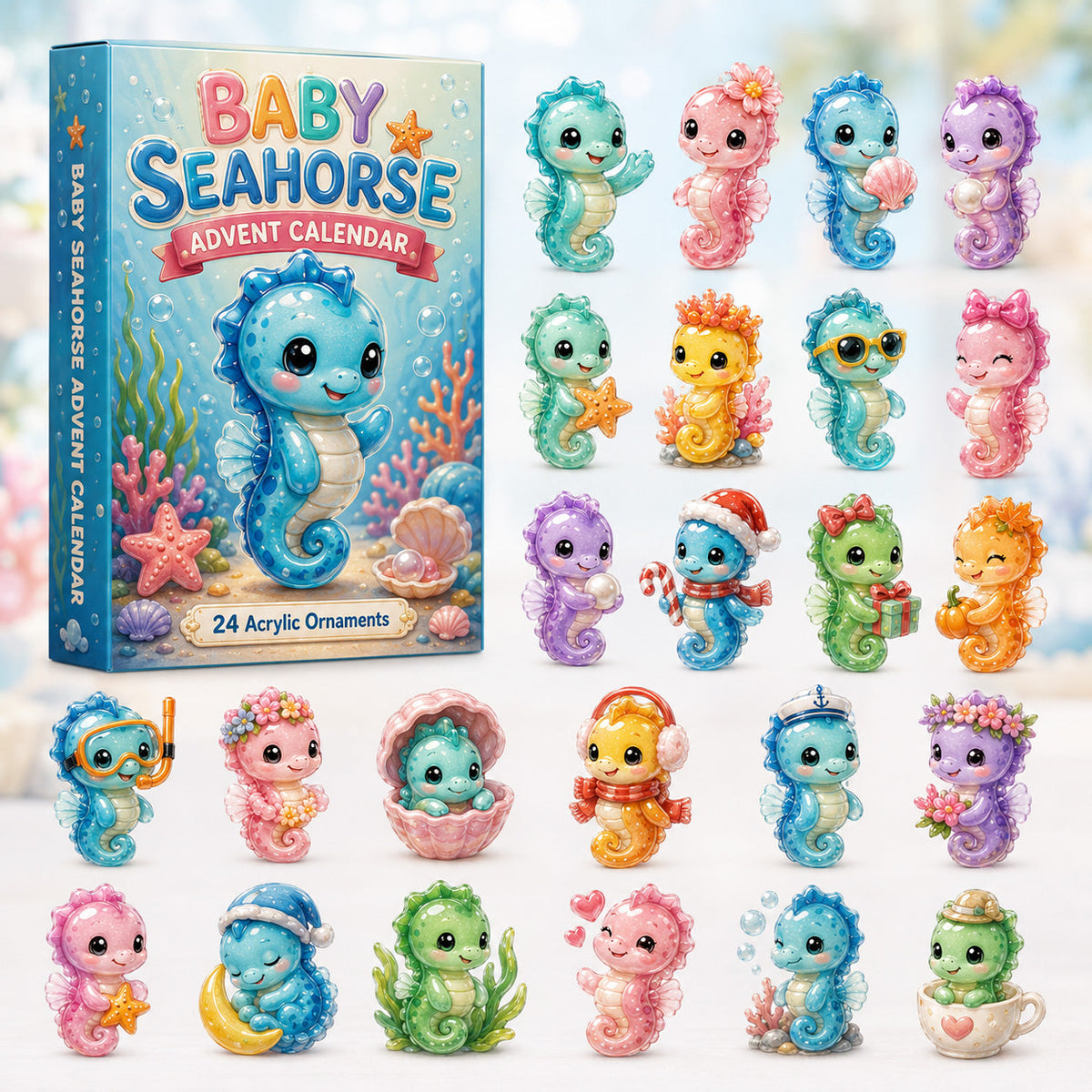 CHRISTMAS KICKOFF 40% OFF - Baby Seahorse Advent Calendar 2026 - 24-Day Festive Countdown, Acrylic Charms Blind Box - Gift For Seahorse Lovers