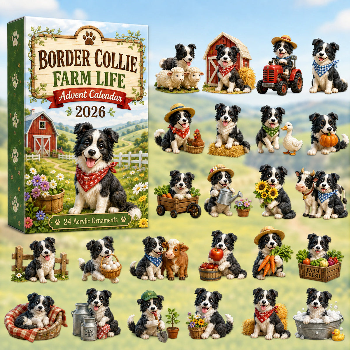 CHRISTMAS KICKOFF 40% OFF - Border Collie Farm Life Advent Calendar 2026 - 24-Day Festive Countdown, Acrylic Charms Blind Box - Gift For Border Collie Lovers AC0HT172