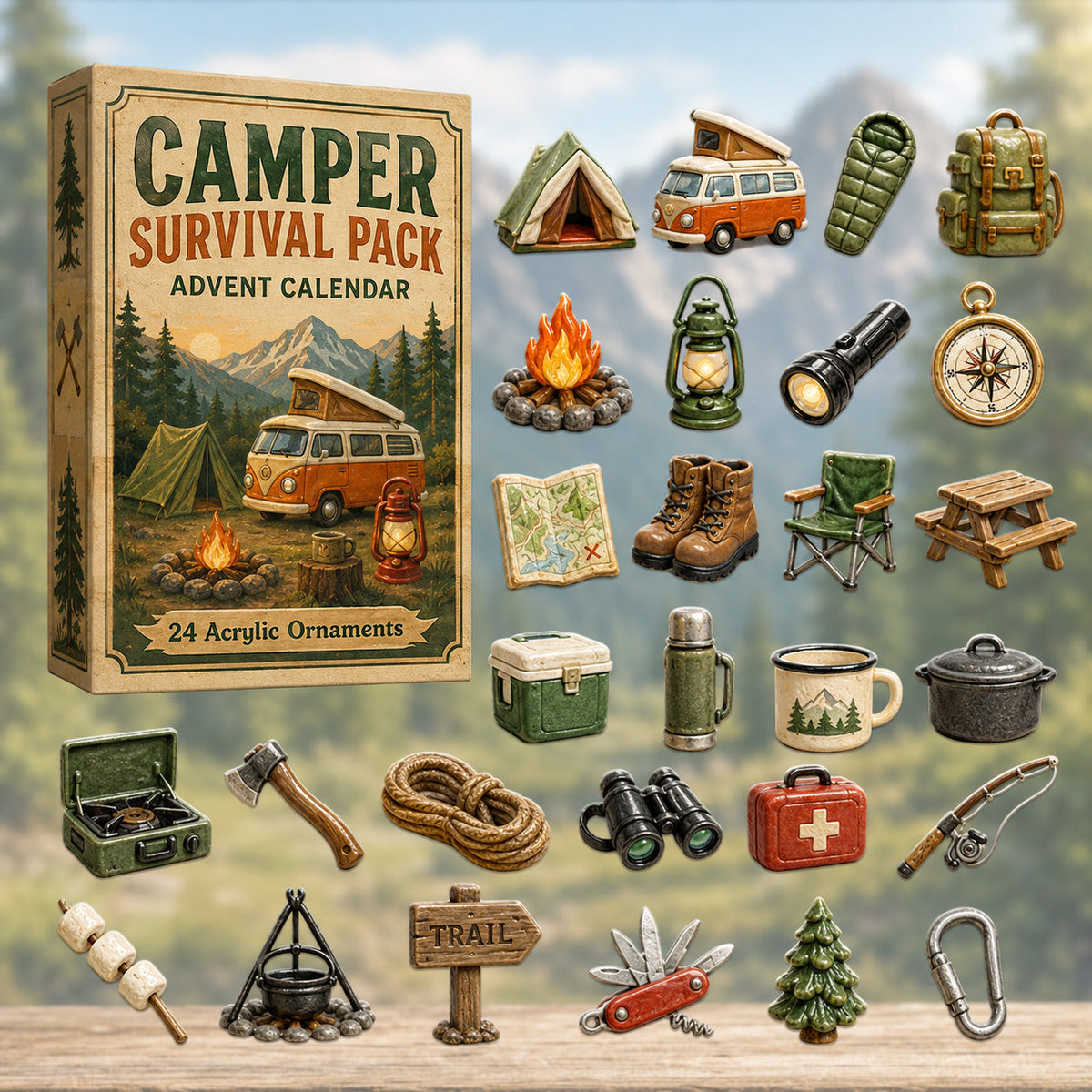 CHRISTMAS KICKOFF 40% OFF - Camping Survival Pack Advent Calendar 2026 - 24-Day Festive Countdown, Acrylic Charms Blind Box - Gift For Campers, Family & Friends
