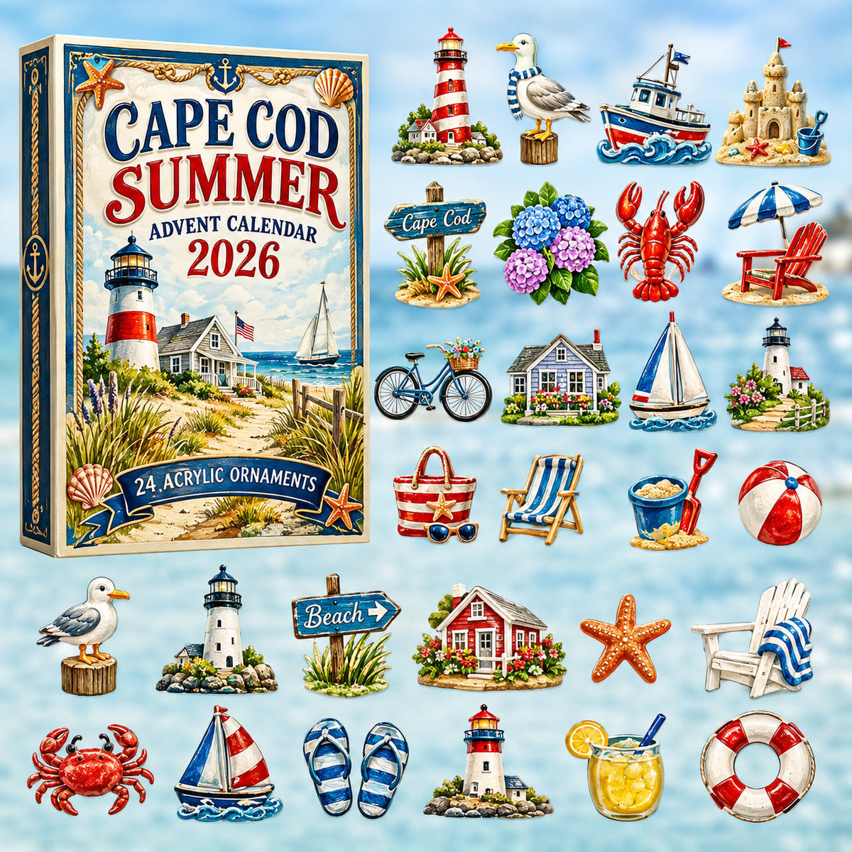 CHRISTMAS KICKOFF 40% OFF - Cape Cod Summer Advent Calendar 2026 - 24-Day Festive Countdown, Acrylic Charms Blind Box - Gift For Beach Lovers, Family & Friends AC0HT234