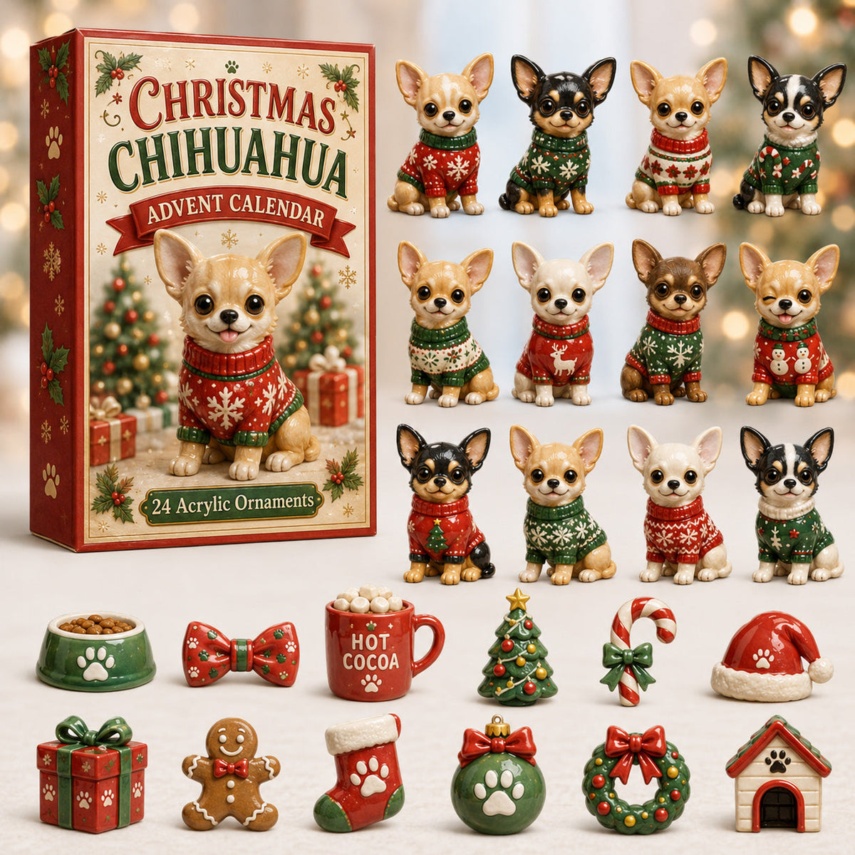 CHRISTMAS KICKOFF 40% OFF - Chihuahua Ugly Sweater Advent Calendar 2026 - 24-Day Festive Countdown, Acrylic Charms Blind Box - Gift For Chihuahua Lovers
