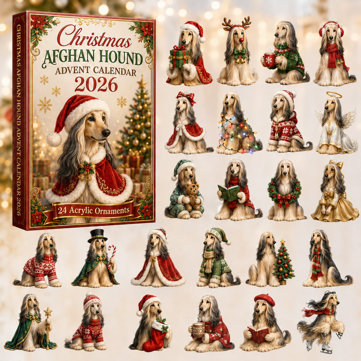 CHRISTMAS KICKOFF 40% OFF - Christmas Afghan Hound Advent Calendar 2026 - 24-Day Festive Countdown, Acrylic Charms Blind Box - Gift For Afghan Hound Lovers AC0HT399