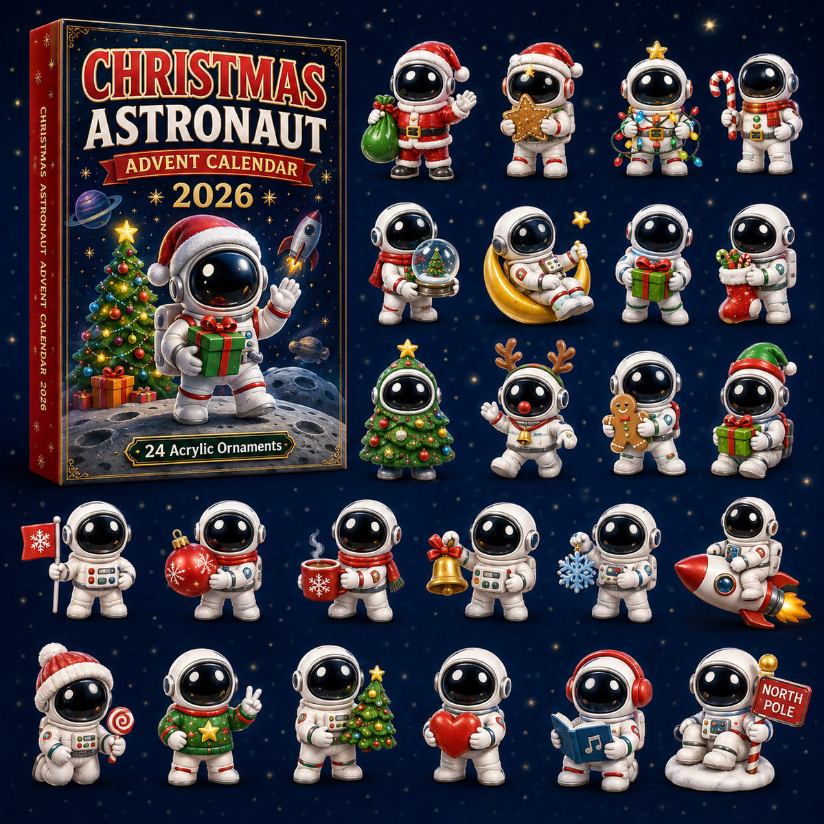 CHRISTMAS KICKOFF 40% OFF - Christmas Astronaut Advent Calendar 2026 - 24-Day Festive Countdown, Acrylic Charms Blind Box - Gift For Space Lovers, Family & Friends AC0HT248