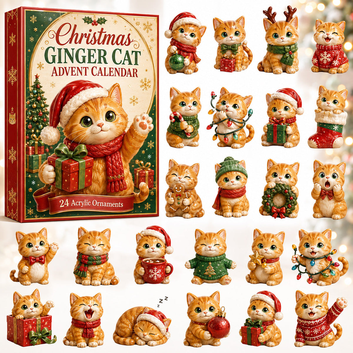 CHRISTMAS KICKOFF 40% OFF - Christmas Ginger Cat Advent Calendar 2026 - 24-Day Festive Countdown, Acrylic Charms Blind Box - Gift For Cat Lovers