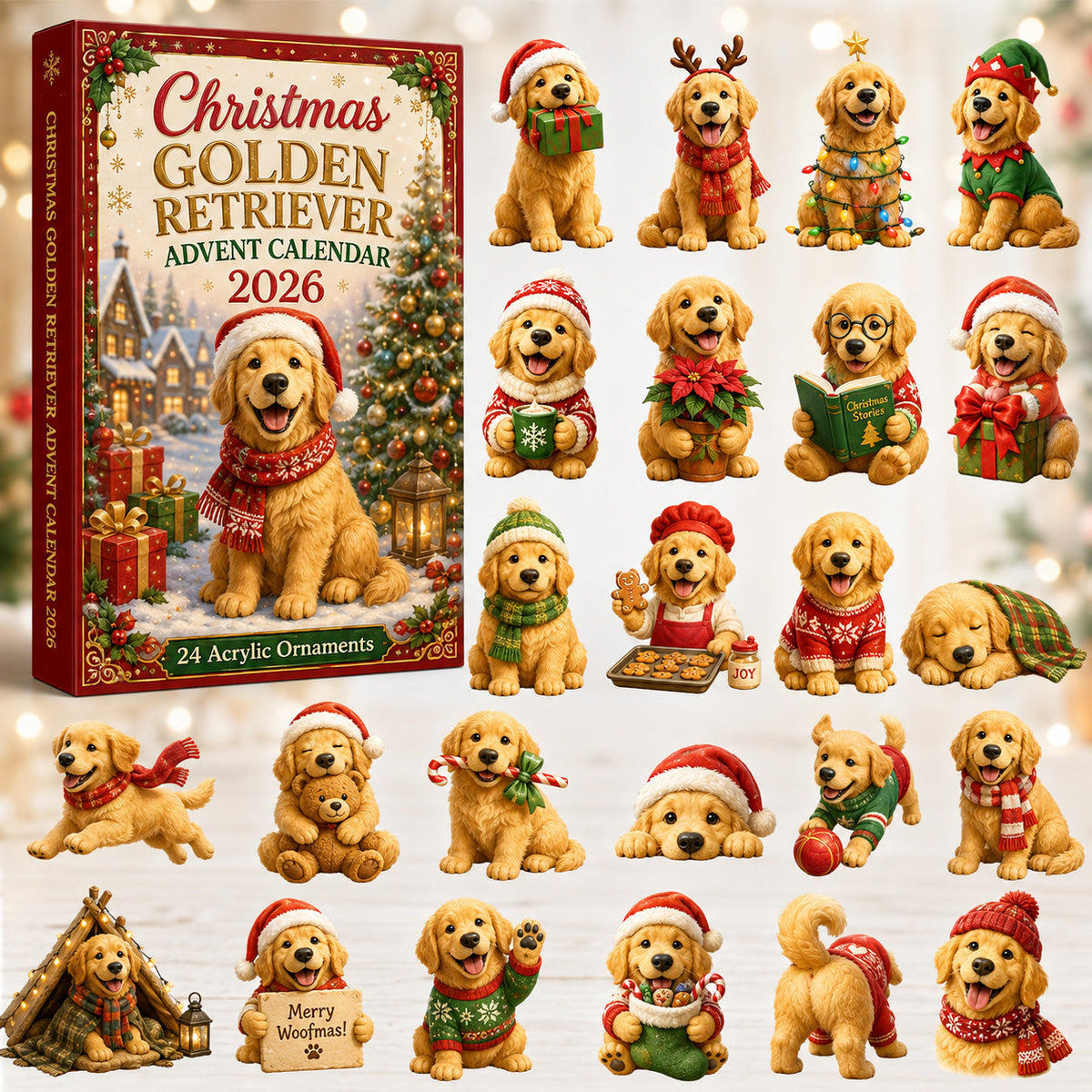 CHRISTMAS KICKOFF 40% OFF - Christmas Golden Retriever Advent Calendar 2026 - 24-Day Festive Countdown, Acrylic Charms Blind Box - Gift For Golden Retriever Lovers