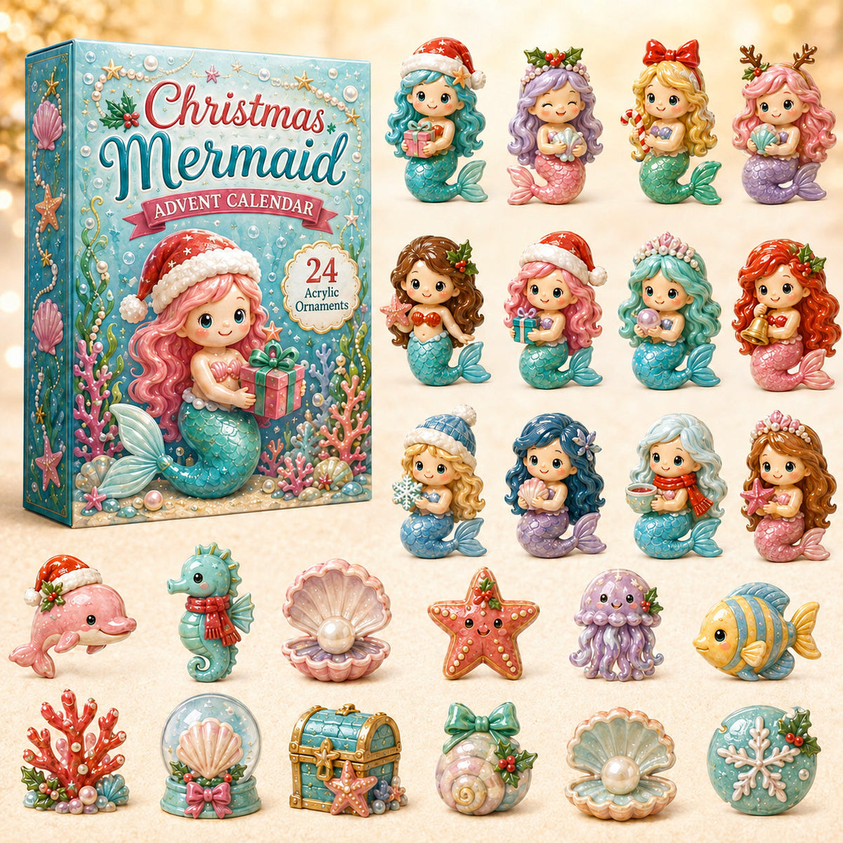 CHRISTMAS KICKOFF 40% OFF - Christmas Mermaid Advent Calendar 2026 - 24-Day Festive Countdown, Acrylic Charms Blind Box - Gift For Mermaid Lovers
