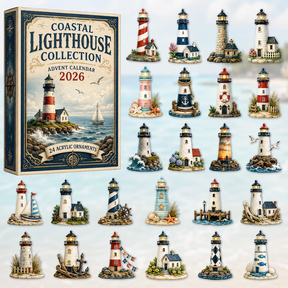CHRISTMAS KICKOFF 40% OFF - Coastal Lighthouse Advent Calendar 2026 - 24-Day Festive Countdown, Acrylic Charms Blind Box - Gift For Ocean Lovers, Family & Friends AC0HT230