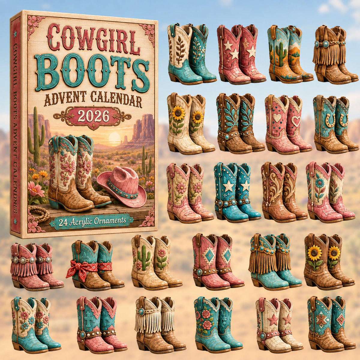 CHRISTMAS KICKOFF 40% OFF - Cowgirl Boots Advent Calendar 2026 - 24-Day Festive Countdown, Acrylic Charms Blind Box - Gift For Family & Friends