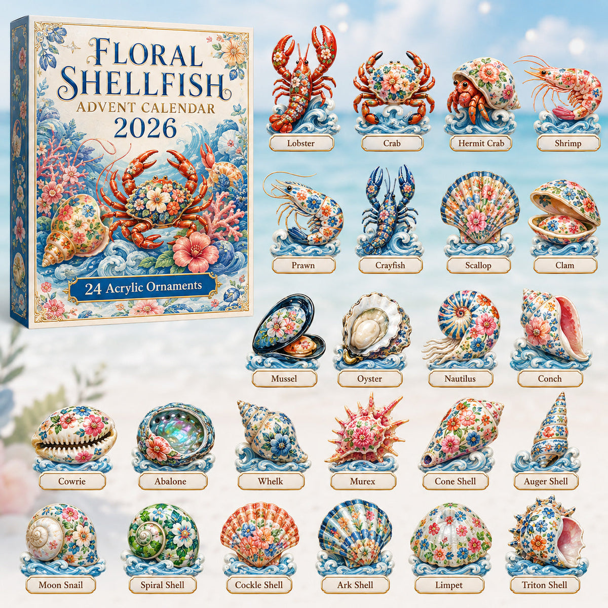CHRISTMAS KICKOFF 40% OFF - Floral Shellfish Advent Calendar 2026 - 24-Day Festive Countdown, Acrylic Charms Blind Box - Gift For Ocean Lovers, Family & Friends AC0HT228
