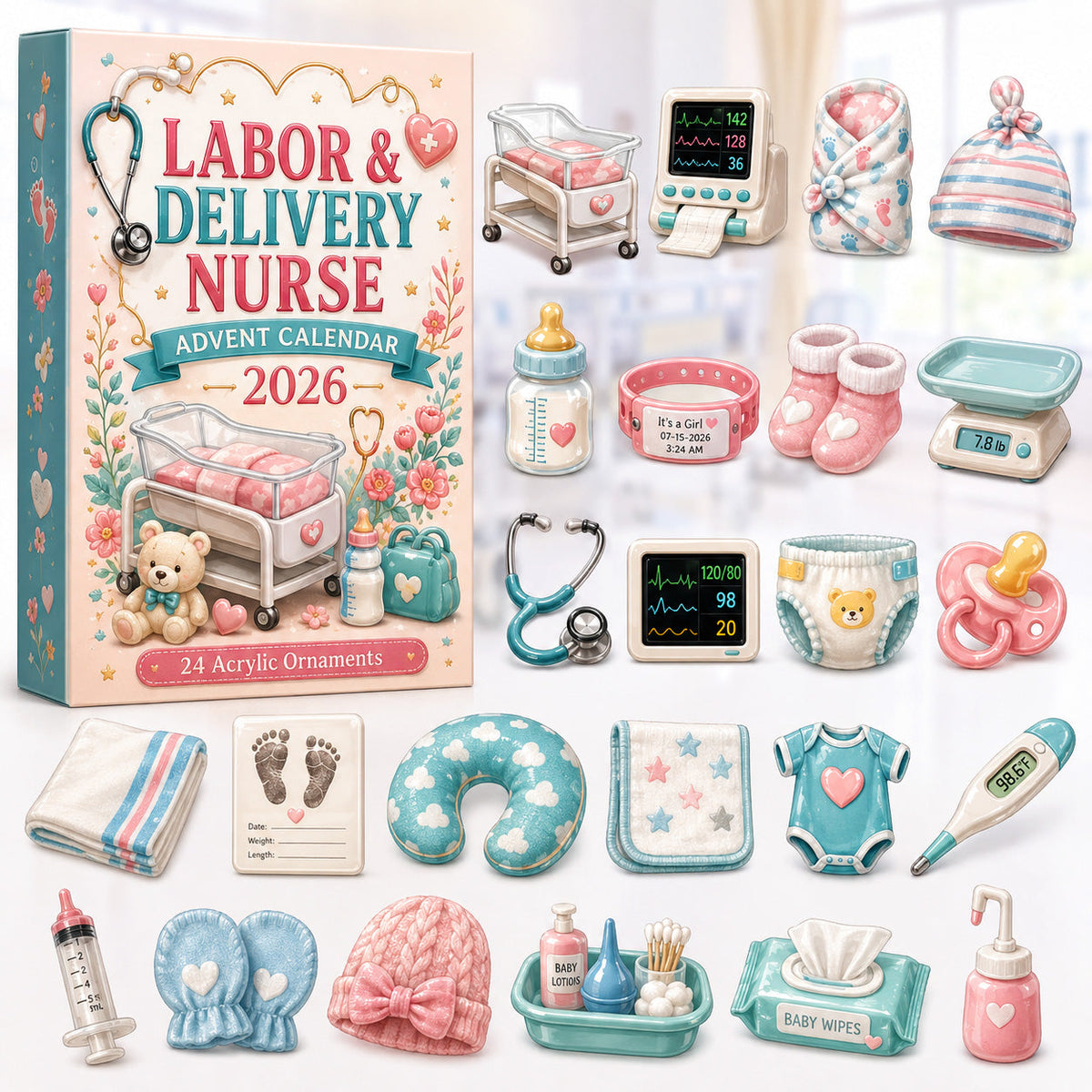 CHRISTMAS KICKOFF 40% OFF - Labor & Delivery Nurse Advent Calendar 2026 - 24-Day Festive Countdown, Acrylic Charms Blind Box - Gift For Nurses AC0HT324
