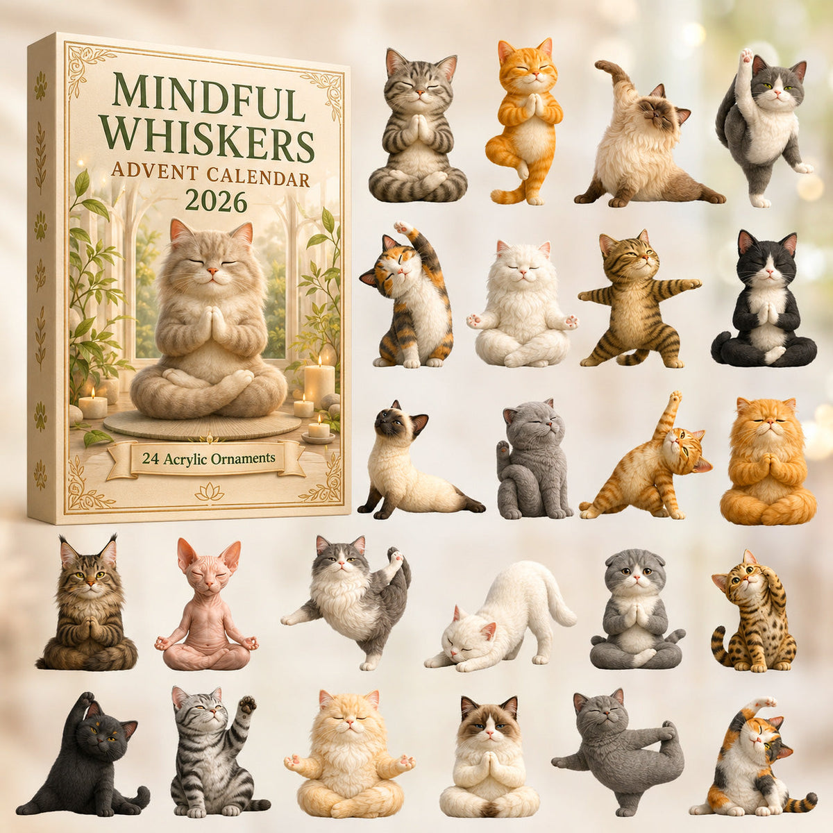 CHRISTMAS KICKOFF 40% OFF - Mindful Whiskers Advent Calendar 2026 - 24-Day Festive Countdown, Acrylic Charms Blind Box - Gift For Yoga Lovers AC0HT565