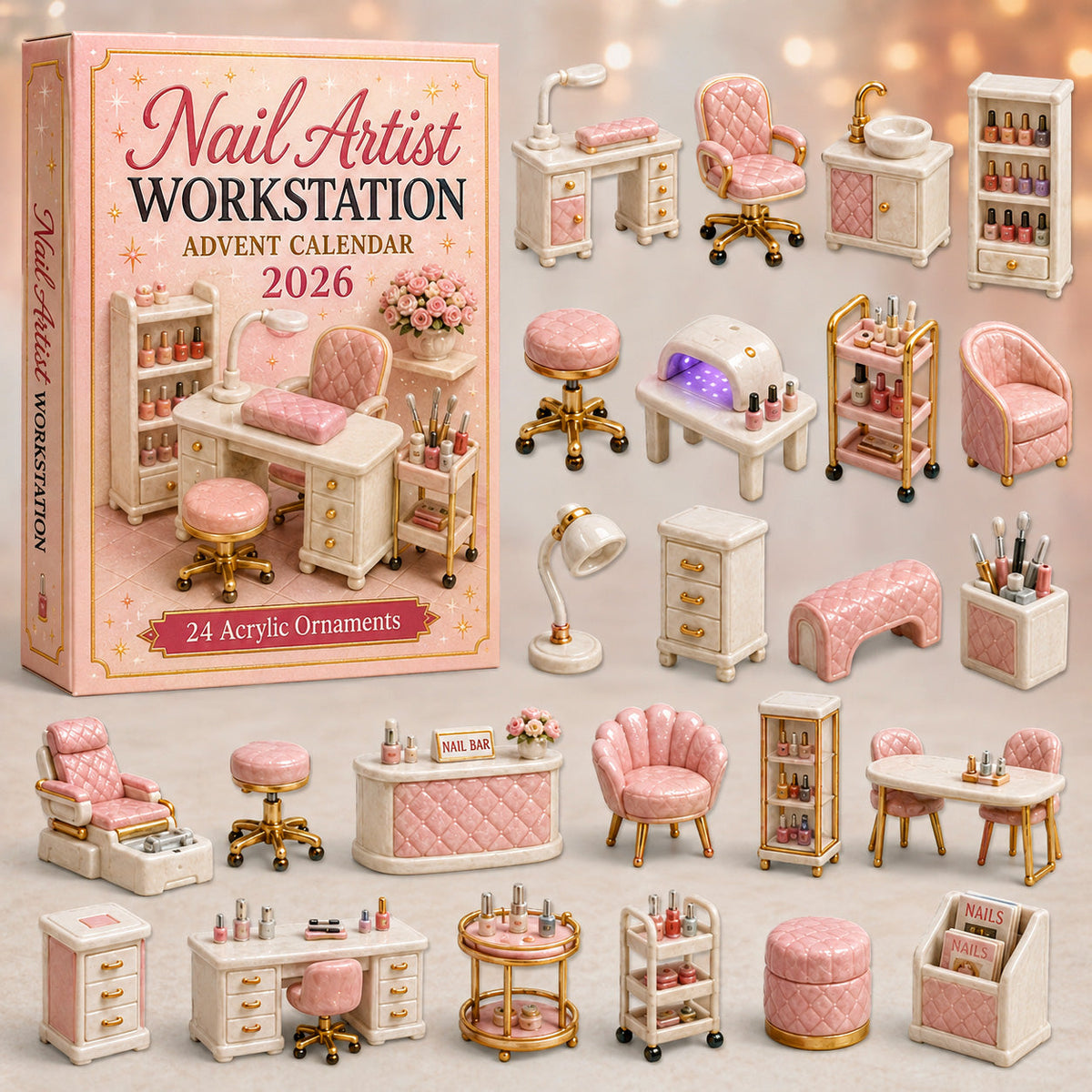 CHRISTMAS KICKOFF 40% OFF - Nail Artist Workstation Advent Calendar 2026 - 24-Day Festive Countdown, Acrylic Charms Blind Box - Gift For Nail Technicians AC0HT319