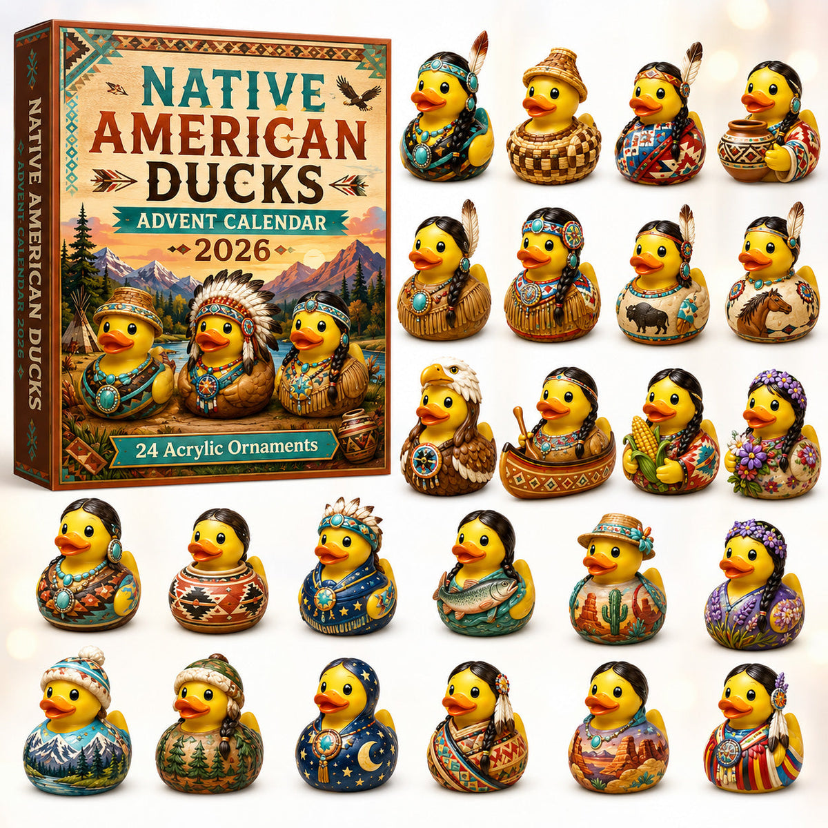 CHRISTMAS KICKOFF 40% OFF - Native American Rubber Duck Advent Calendar 2026 - 24-Day Festive Countdown, Acrylic Charms Blind Box - Gift For Family & Friends