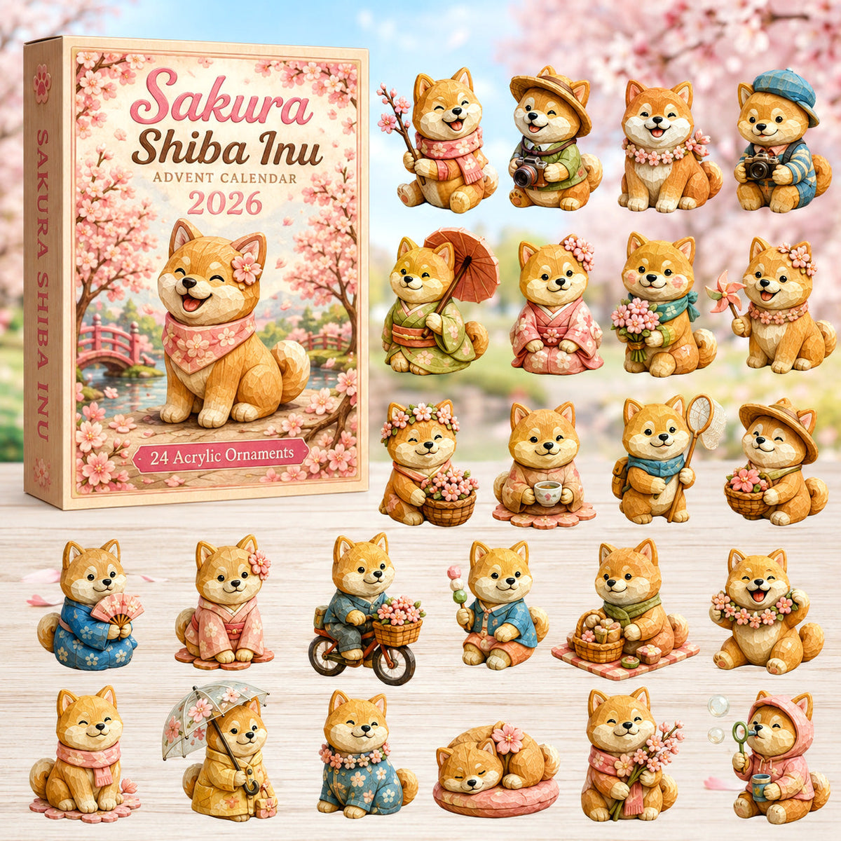 CHRISTMAS KICKOFF 40% OFF - Sakura Shiba Inu Advent Calendar 2026 - 24-Day Festive Countdown, Acrylic Charms Blind Box - Gift For Shiba Inu Lovers AC0HT203
