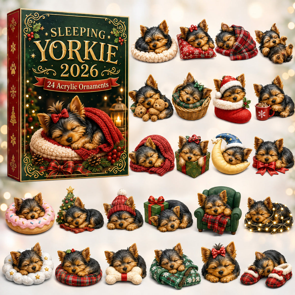 CHRISTMAS KICKOFF 40% OFF - Sleeping Yorkie Advent Calendar 2026 - 24-Day Festive Countdown, Acrylic Charms Blind Box - Gift For Yorkshire Terrier Lovers AC0HT276