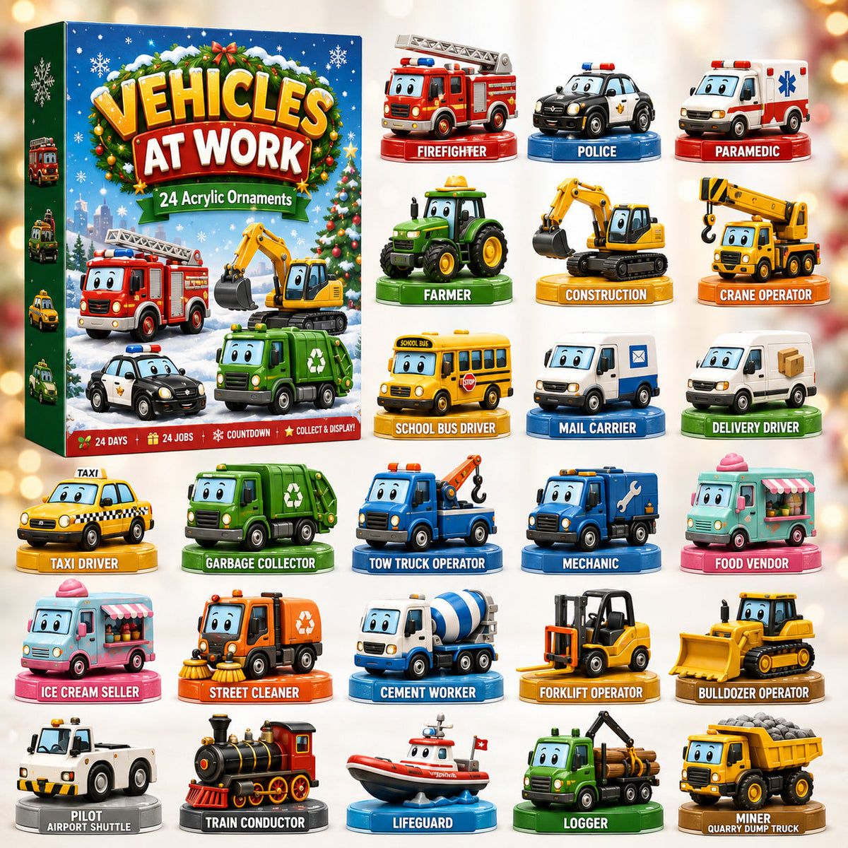 CHRISTMAS KICKOFF 40% OFF - Vehicles At Work Advent Calendar 2026 - 24-Day Festive Countdown, Acrylic Charms Blind Box - Gift For Kids, Family & Friends