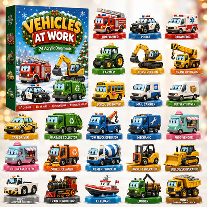 CHRISTMAS KICKOFF 40% OFF - Vehicles At Work Advent Calendar 2026 - 24-Day Festive Countdown, Acrylic Charms Blind Box - Gift For Kids, Family & Friends