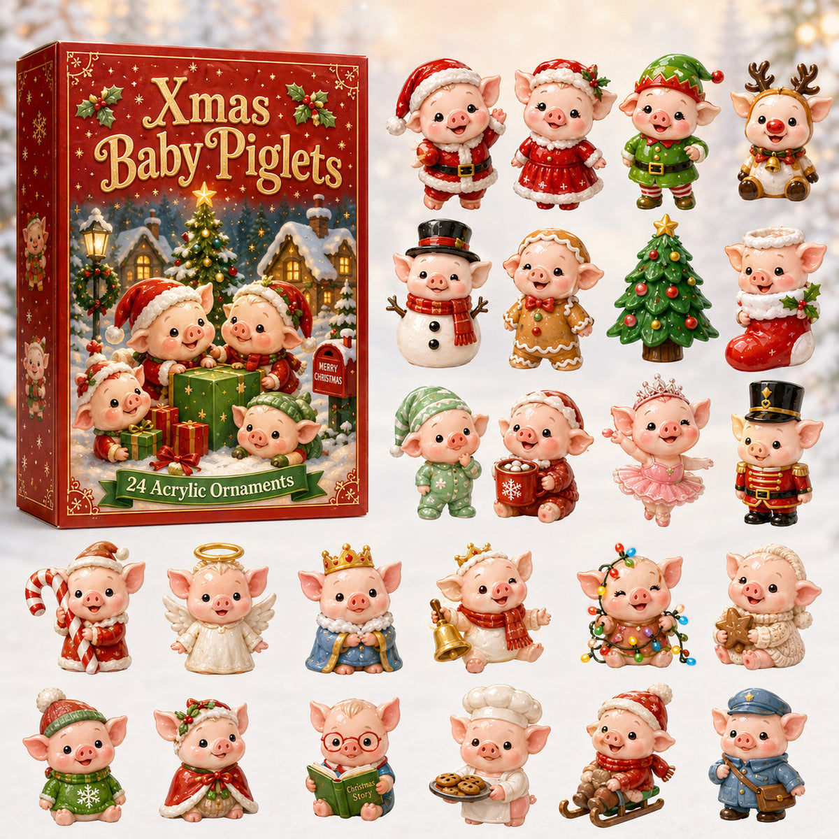 CHRISTMAS KICKOFF 40% OFF - Xmas Baby Piglets Advent Calendar 2026 - 24-Day Festive Countdown, Acrylic Charms Blind Box - Gift For Farmers, Pig Lovers