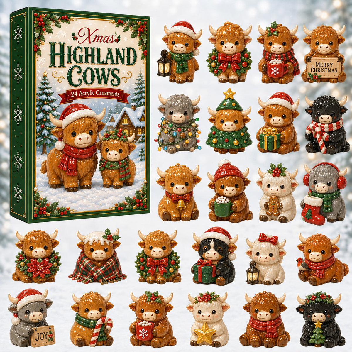 CHRISTMAS KICKOFF 40% OFF - Xmas Highland Cows Advent Calendar 2026 - 24-Day Festive Countdown, Acrylic Charms Blind Box - Gift For Highland Cow Lovers