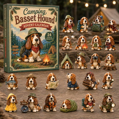CHRISTMAS KICKOFF 40% OFF - Camping Basset Hound Advent Calendar 2026 - 24-Day Festive Countdown, Acrylic Charms Blind Box - Gift For Basset Hound Lovers AC0NT232