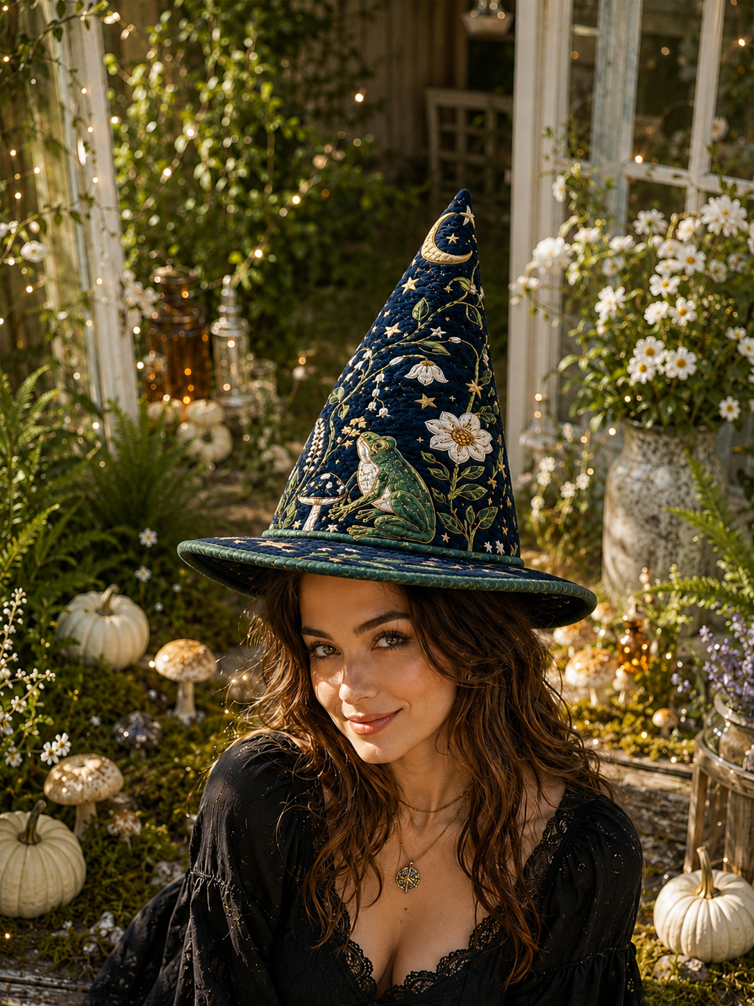 Celestial Frog & Mushroom Botanical Halloween Quilt Witch Hat