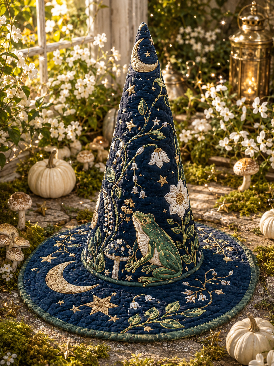 Celestial Frog & Mushroom Botanical Halloween Quilt Witch Hat