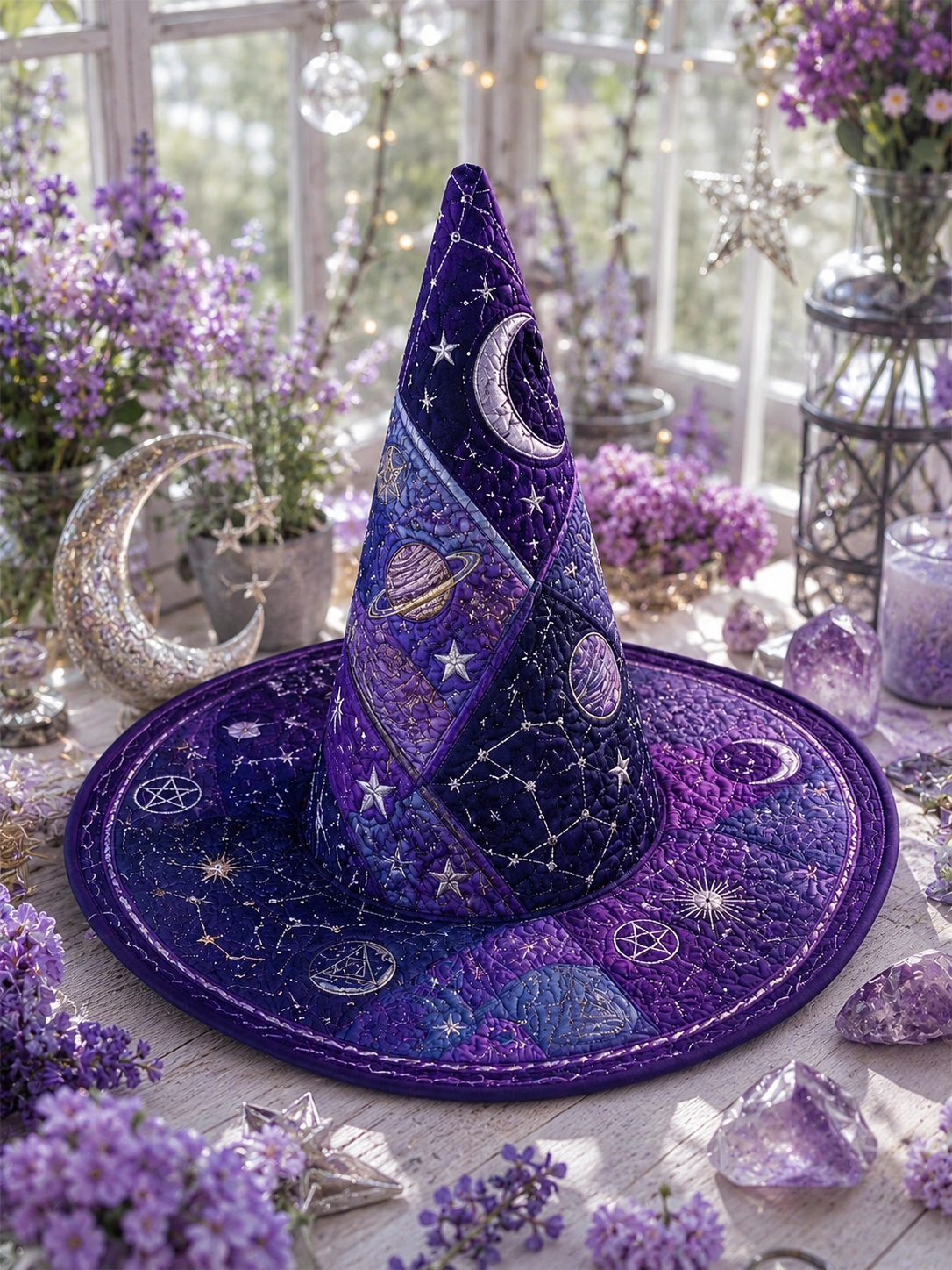 Celestial Galaxy Planet & Constellation Halloween Quilt Witch Hat