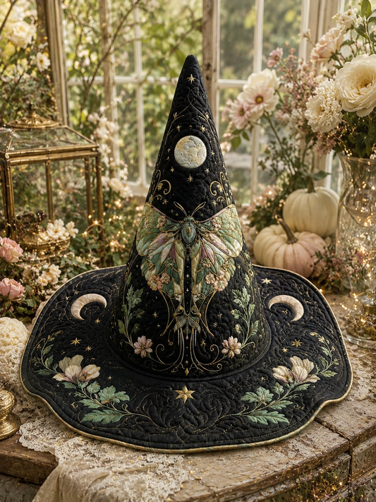 Celestial Luna Moth & Crescent Moon Halloween Quilt Witch Hat